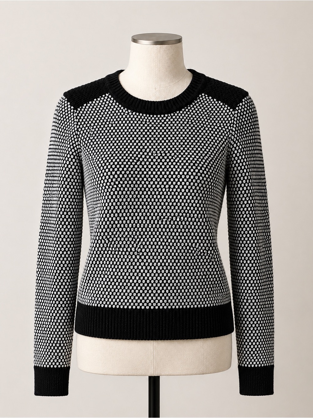 Banana Republic Merino Wool Birdseye Knit Sweater Black White Crewneck XS